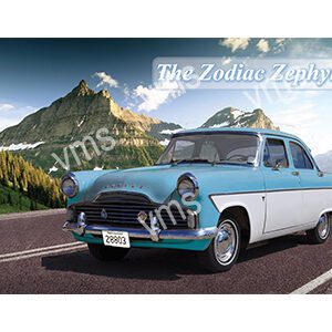 Classic blue and white vintage car on a scenic mountainous road.