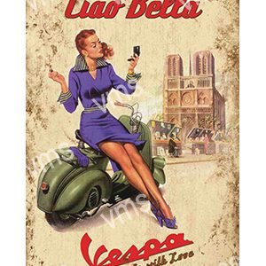 Vintage Vespa ad featuring a stylish woman and Notre Dame.