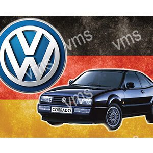 A classic black Volkswagen car with the VW logo in the background.