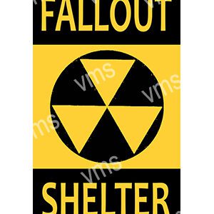 Yellow and black fallout shelter sign with radiation symbol.