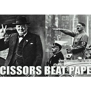 Historical photo with a humorous caption about rock-paper-scissors.