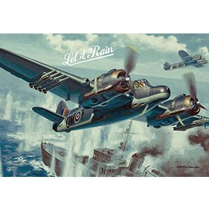 A vintage twin-engine airplane flying over a cityscape with dramatic clouds.