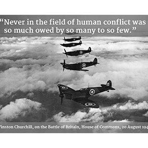 WWII fighter planes in formation above clouds with a quote on war's heavy cost.