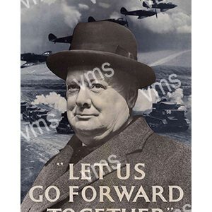 Churchill with a determined expression and fighter planes overhead.