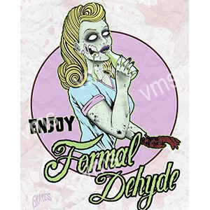 Illustration of a zombie waitress with the phrase 'Enjoy Formal Dehyde.'