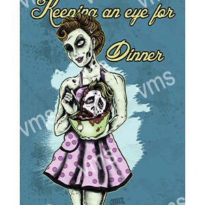 A skeleton waitress holding a plate, with text 'Keeping an eye for Dinner'.