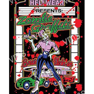 Retro zombie graffiti poster with a walking undead and neon text.
