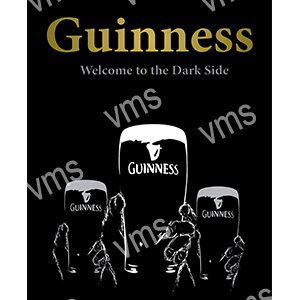 Black and white Guinness-themed design with skeleton figures and a dark background.