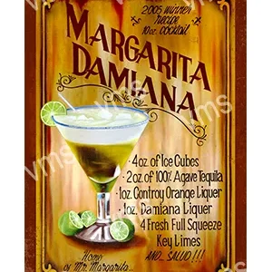 A vibrant Margarita Damiana cocktail with ingredients listed.