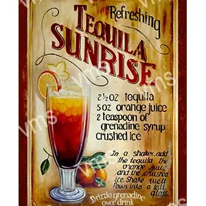 A colorful Tequila Sunrise cocktail recipe poster with an orange slice garnish.