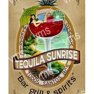 Vintage tequila label with tropical design and bold text.