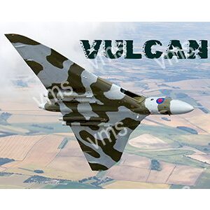 A Vulcan bomber aircraft flying over farmland.