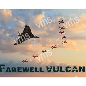 Vulcan bomber flies with jets at sunset, saying farewell.