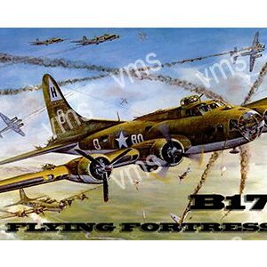 B-17 Flying Fortress bomber in flight with multiple planes and explosions.