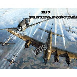 WW2 fighter planes flying in formation above clouds.