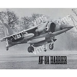 Black and white photo of an AV-8A Harrier jet in flight.