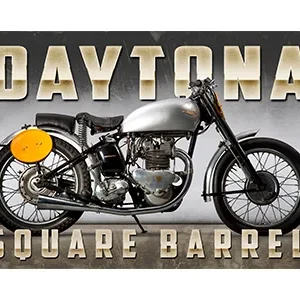Vintage motorcycle with Daytona Square Barrel branding.