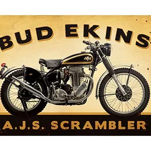 Vintage Bud Ekins A.J.S. Scrambler motorcycle advertisement.