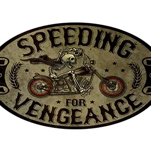 Vintage patch with a skull on a motorcycle and the phrase 'Speeding for Vengeance'.