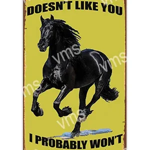 Black horse galloping with bold text on yellow background.