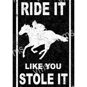 Silhouette of a jockey riding a horse with bold text.