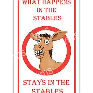 Cartoon donkey with humorous text about stables.
