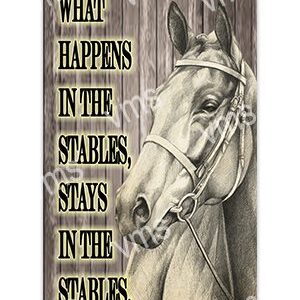 Artistic horse portrait with a humorous stable-themed quote.