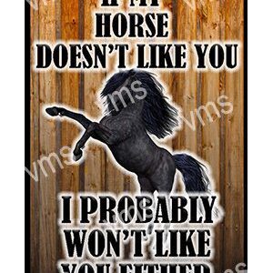 A horse rearing with a bold text message about mutual dislike.