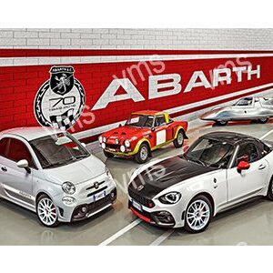 A collection of Abarth cars and merchandise displayed on a red and white background.