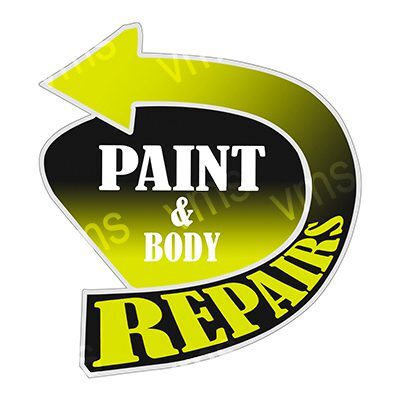 Yellow arrow sign for paint and body repairs.