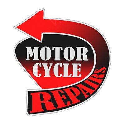 Logo with a red arrow and text 'Motor Cycle Repairs'.