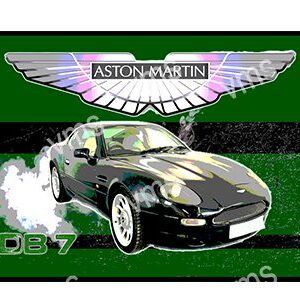 Illustration of a black Aston Martin DB7 with logo and wings.