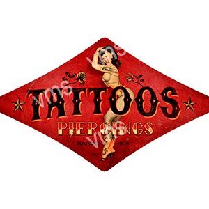 Vintage pin-up girl tattoo logo with bold text on red background.