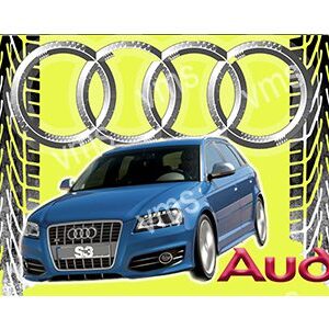 A blue Audi car with the Audi logo in the background.