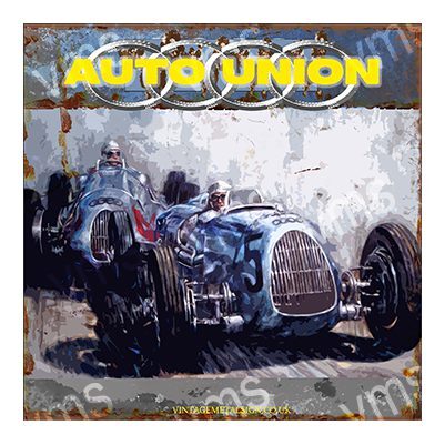 Classic Auto Union race car painting with bold colors and dynamic strokes.