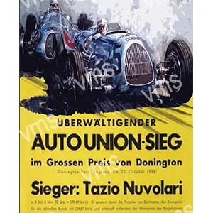 Vintage race car poster celebrating Tazio Nuvolari's victory at Donington Grand Prix.