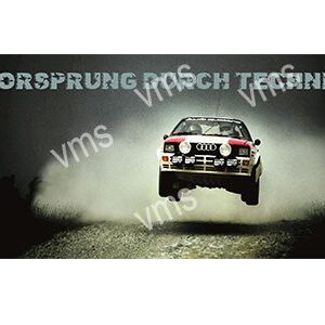 A rally car airborne during a dirt race, kicking up dust.