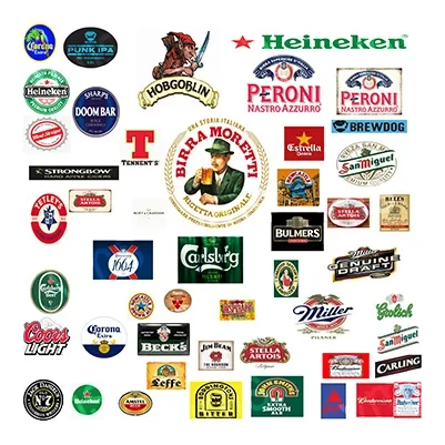 Collage of various beer brand logos and labels.