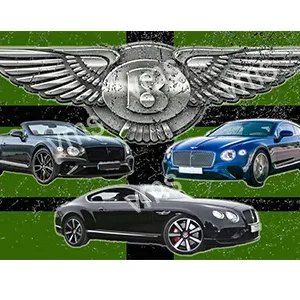 Three luxury Bentley cars against a green background with the Bentley wings logo.