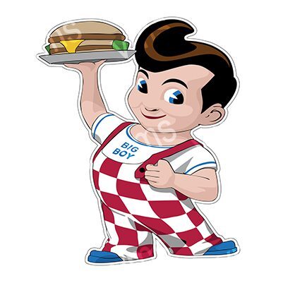 Vintage cartoon mascot holding a cheeseburger on a platter.
