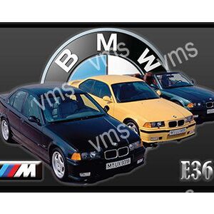 Three BMW E36 cars in black and yellow showcased together.