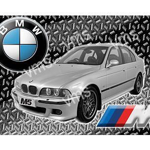 Silver BMW M5 car with M logo and emblem on a textured background.