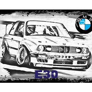 Black and white drawing of a BMW E30 car.