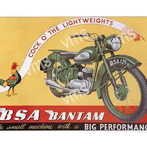 Vintage BSA Bantam motorcycle advertisement with cartoon rider.
