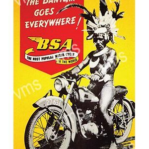 Vintage BSA motorcycle ad featuring a rider with a feather headdress.