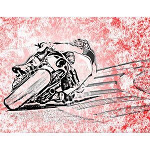 Artistic sketch of a racing motorcycle speeding with red background.