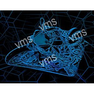 Blue wireframe 3D model of a motorcycle on a hexagonal grid background.