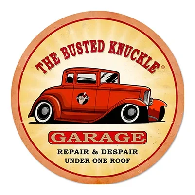 Vintage-style garage sign with a classic red car illustration.
