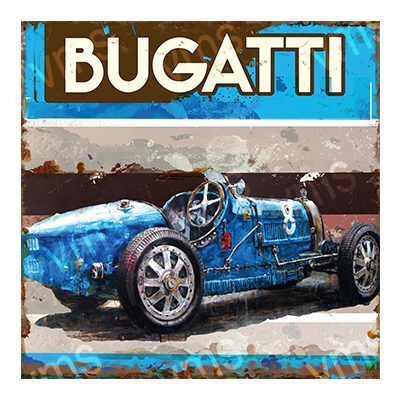 Vintage blue Bugatti race car illustration on a textured background.