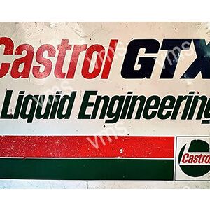 Vintage Castrol GTX Liquid Engineering sign with bold red, black, and green text.
